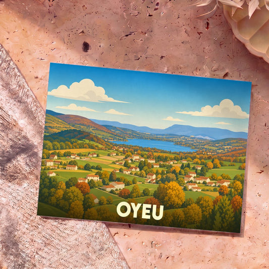 Carte postale souvenir de la ville de Oyeu avec une illustration stylisée d'un paysage vallonné et de son lac.