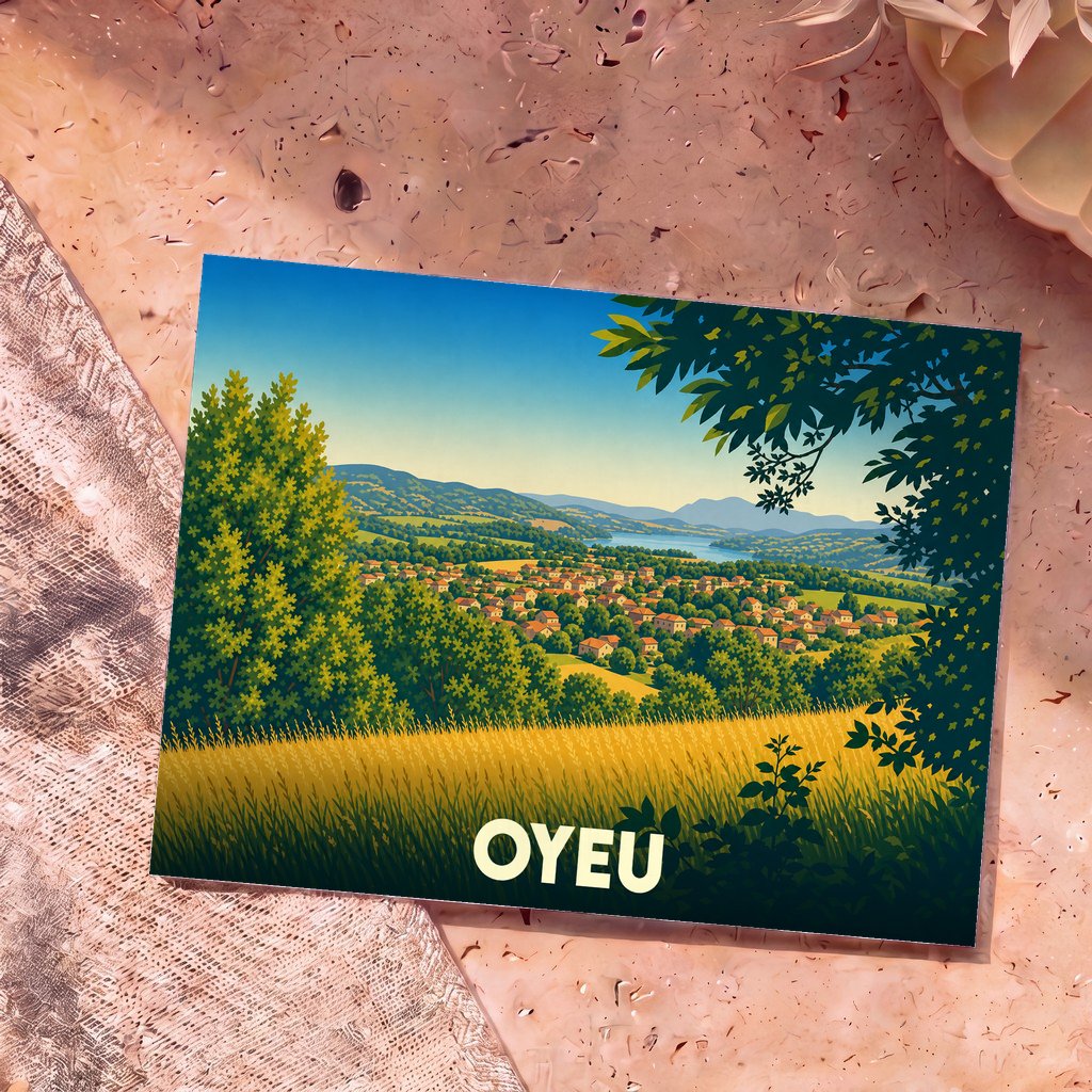 Carte postale souvenir de la commune d'Oyeu avec une illustration stylisée d'un paysage de campagne vallonné.