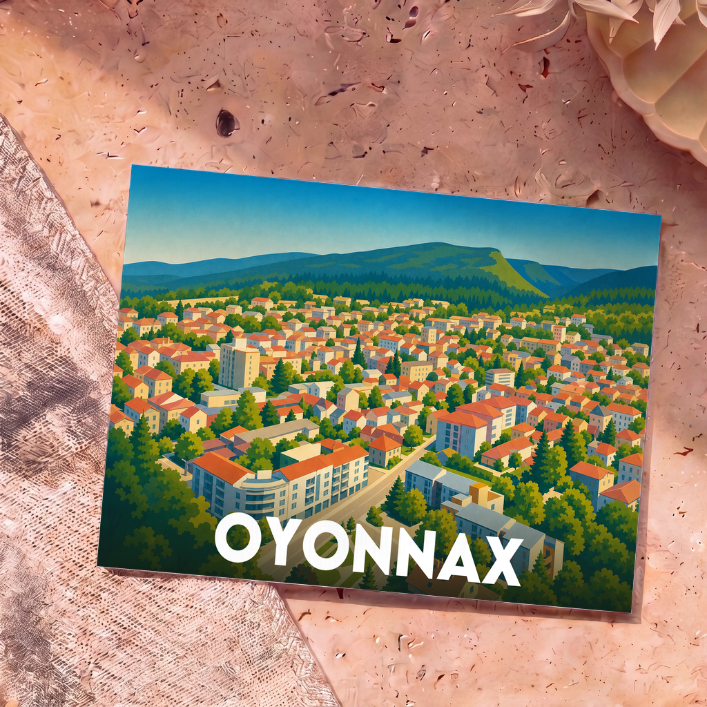 Carte postale souvenir de la ville d'Oyonnax présentant une illustration stylisée et colorée de la commune nichée au pied des montagnes.