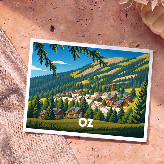 Carte postale souvenir de la station de Oz-en-Oisans avec une illustration stylisée d'un village de montagne.