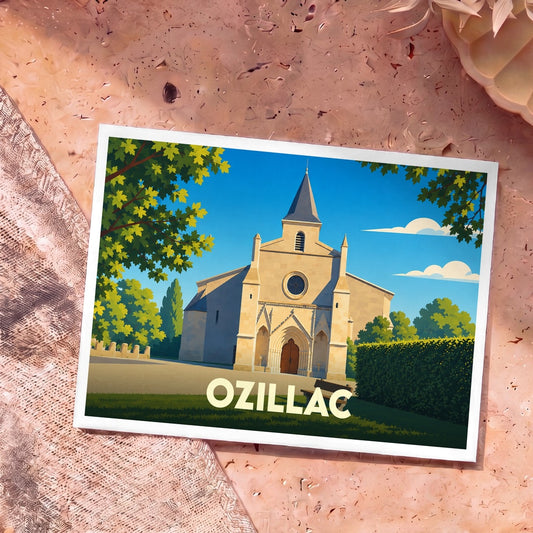 Carte postale souvenir de la ville d'Ozillac avec une illustration stylisée de son église sous un ciel bleu.