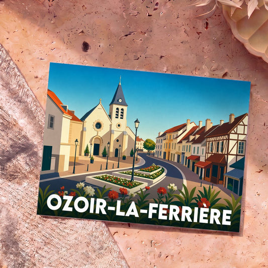 Carte postale souvenir de la ville d'Ozoir-la-Ferrière avec une illustration stylisée de son église et de ses rues fleuries.