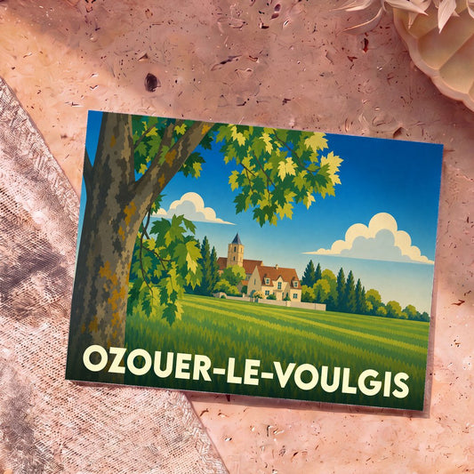 Carte postale souvenir de la ville d'Ozouer-le-Voulgis avec une illustration stylisée d'un paysage de campagne.