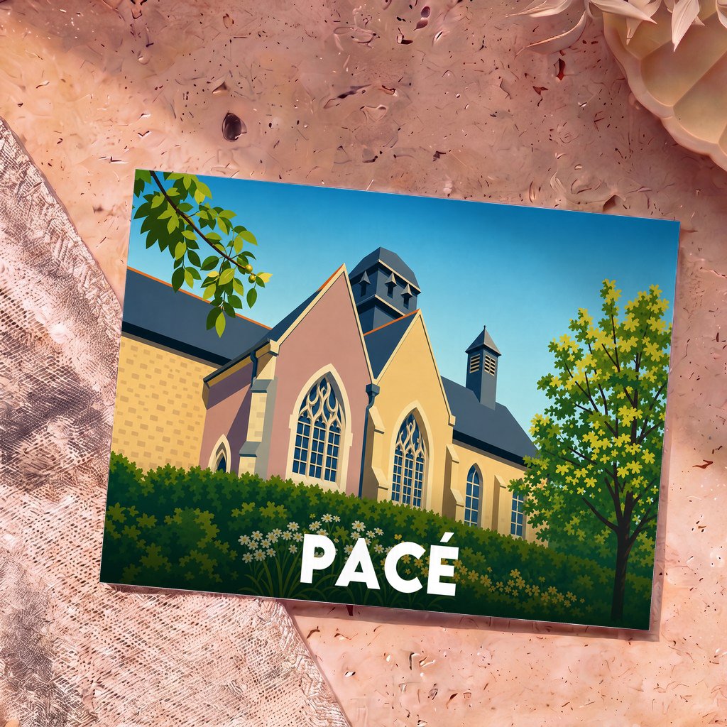 Carte postale souvenir de la ville de Pacé avec une illustration stylisée de son église et de sa végétation.