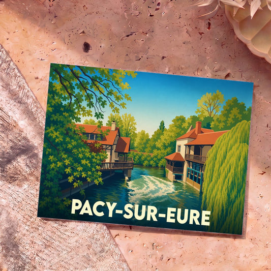 Carte postale souvenir de la ville de Pacy-sur-Eure avec une illustration stylisée de maisons au bord de l'eau.