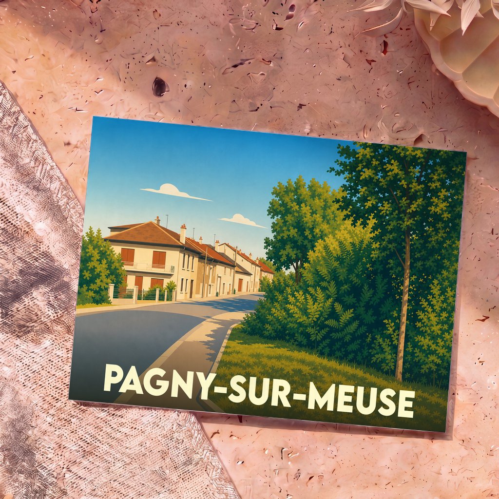 Carte postale souvenir de la ville de Pagny-sur-Meuse avec une illustration stylisée.