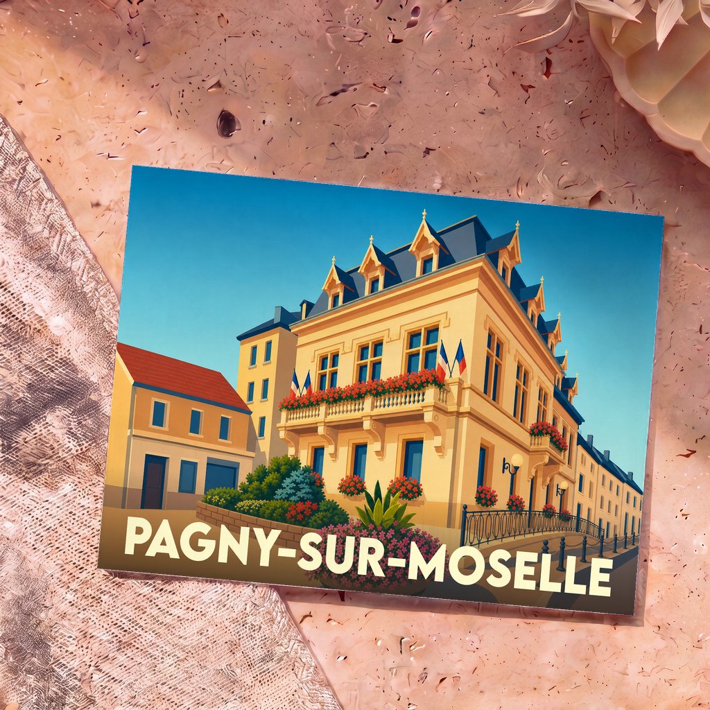 Carte postale souvenir de la ville de Pagny-sur-Moselle avec une illustration stylisée de son hôtel de ville fleuri.
