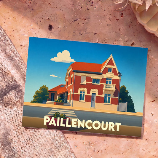 Carte postale souvenir de la ville de Paillencourt avec une illustration stylisée d'une maison typique en briques rouges.