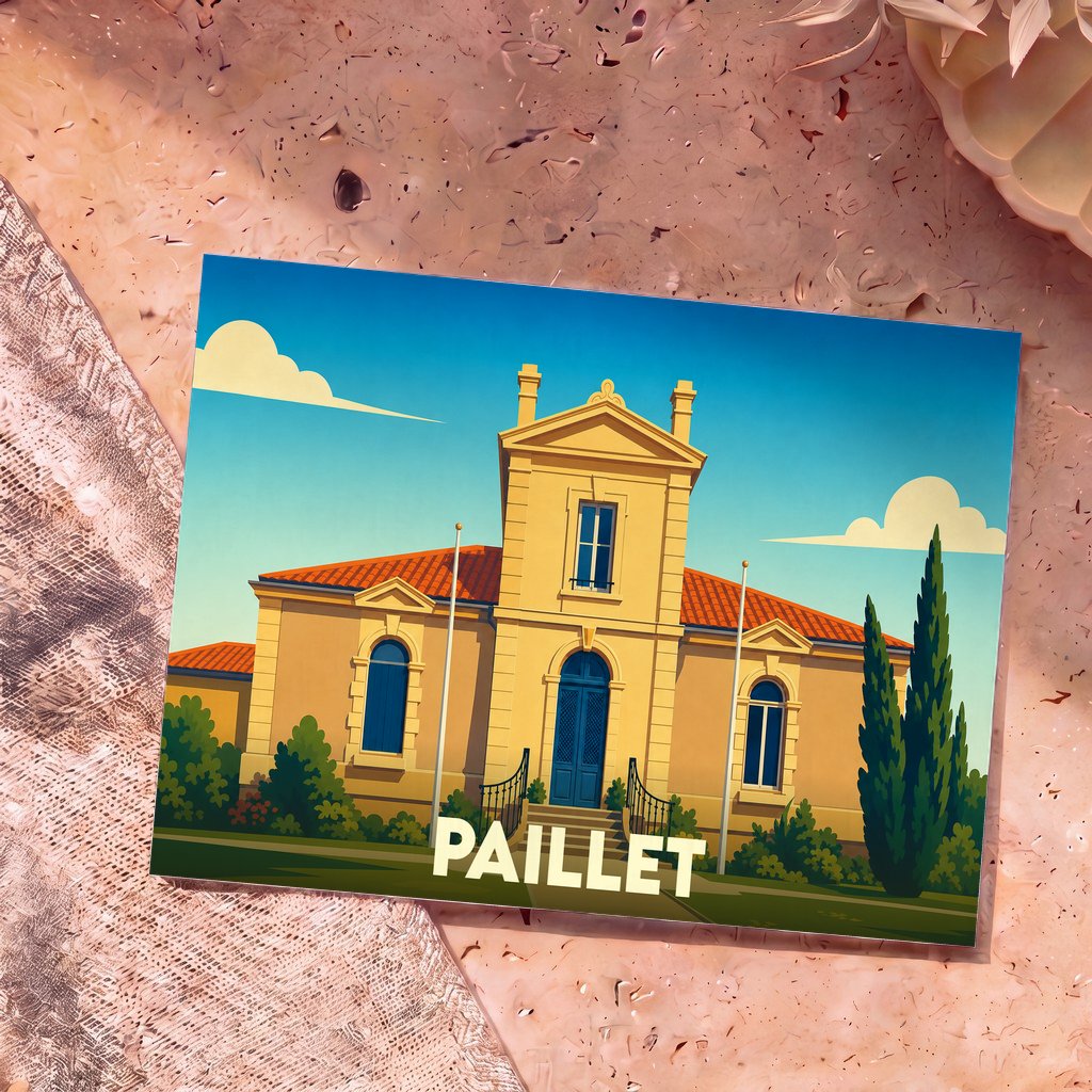 Carte postale souvenir de la ville de Paillet avec une illustration stylisée de sa mairie.