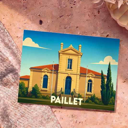 Carte postale souvenir de la ville de Paillet avec une illustration stylisée de sa mairie.