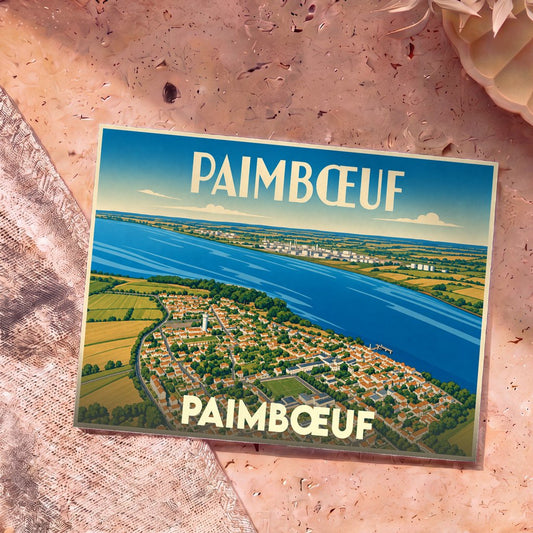 Carte postale souvenir de la ville de Paimbœuf illustrée d'une vue aérienne stylisée des bords de Loire.