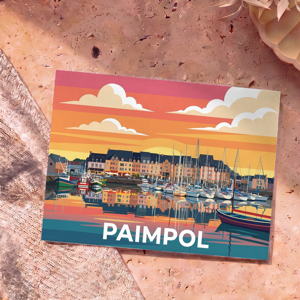 Carte postale souvenir de la ville de Paimpol avec une illustration stylisée de son port au coucher du soleil.