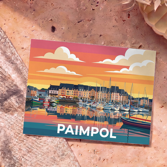 Carte postale souvenir de la ville de Paimpol avec une illustration stylisée de son port au coucher du soleil.