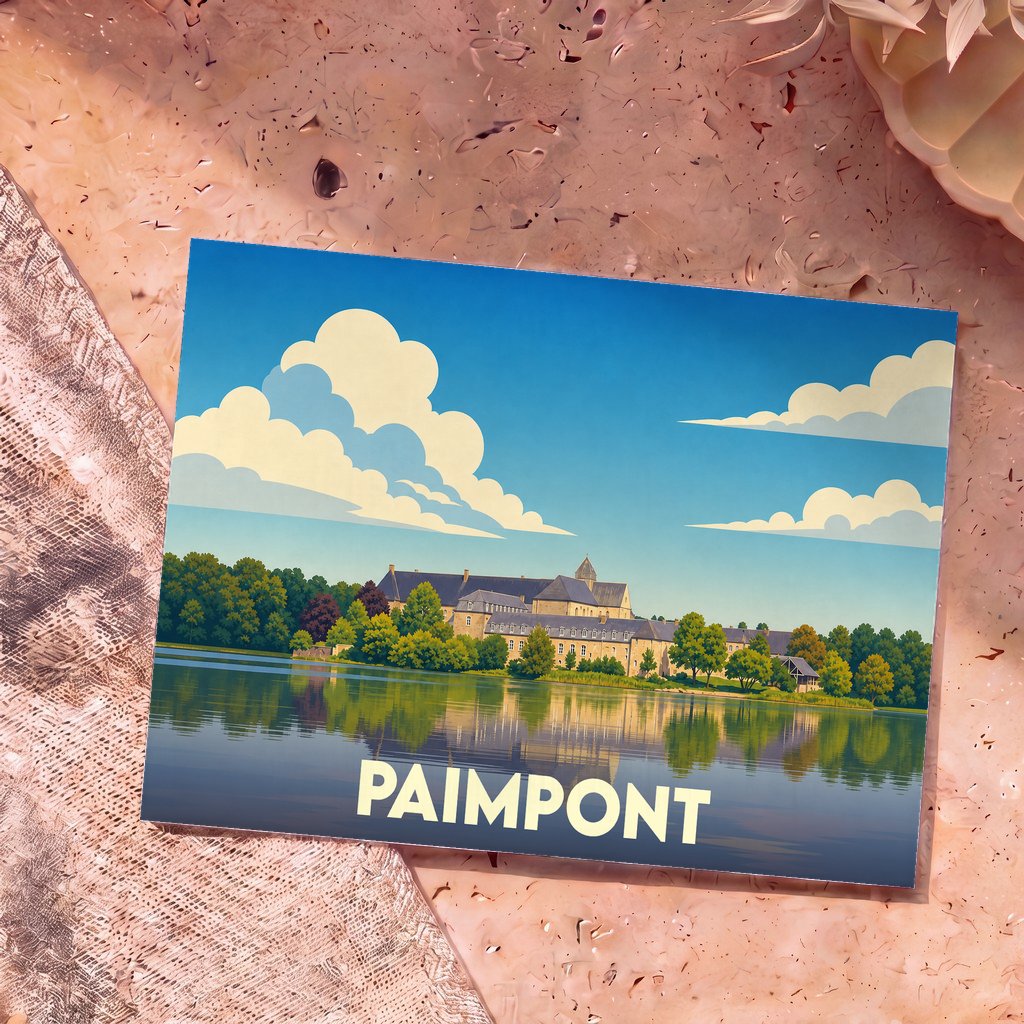 Carte postale souvenir de la ville de Paimpont illustrant son abbaye au bord de l'eau dans un style graphique épuré.