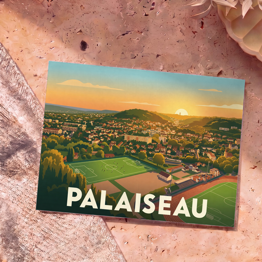 Carte postale souvenir de la ville de Palaiseau avec une illustration stylisée montrant un panorama au coucher du soleil.