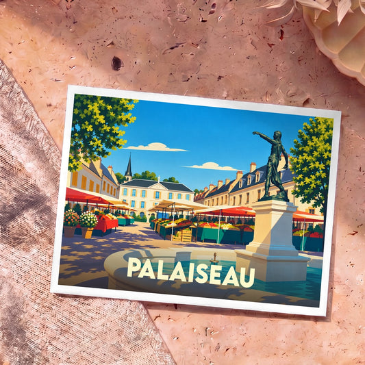 Carte postale souvenir de la ville de Palaiseau avec une illustration stylisée de sa place du marché.