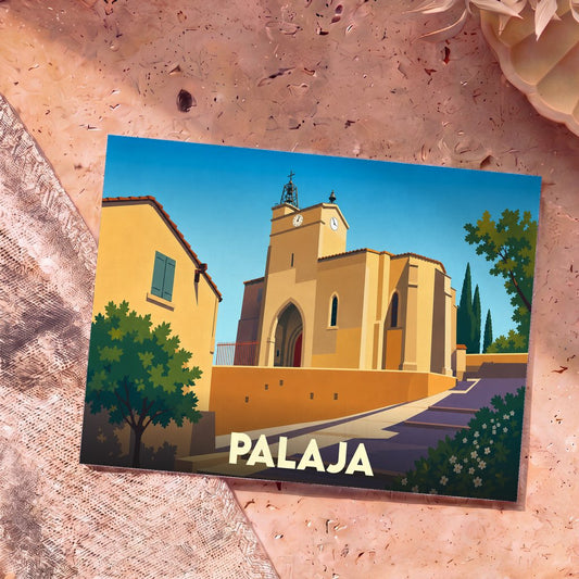 Carte postale souvenir de la ville de Palaja avec une illustration stylisée de son église sous un ciel bleu.