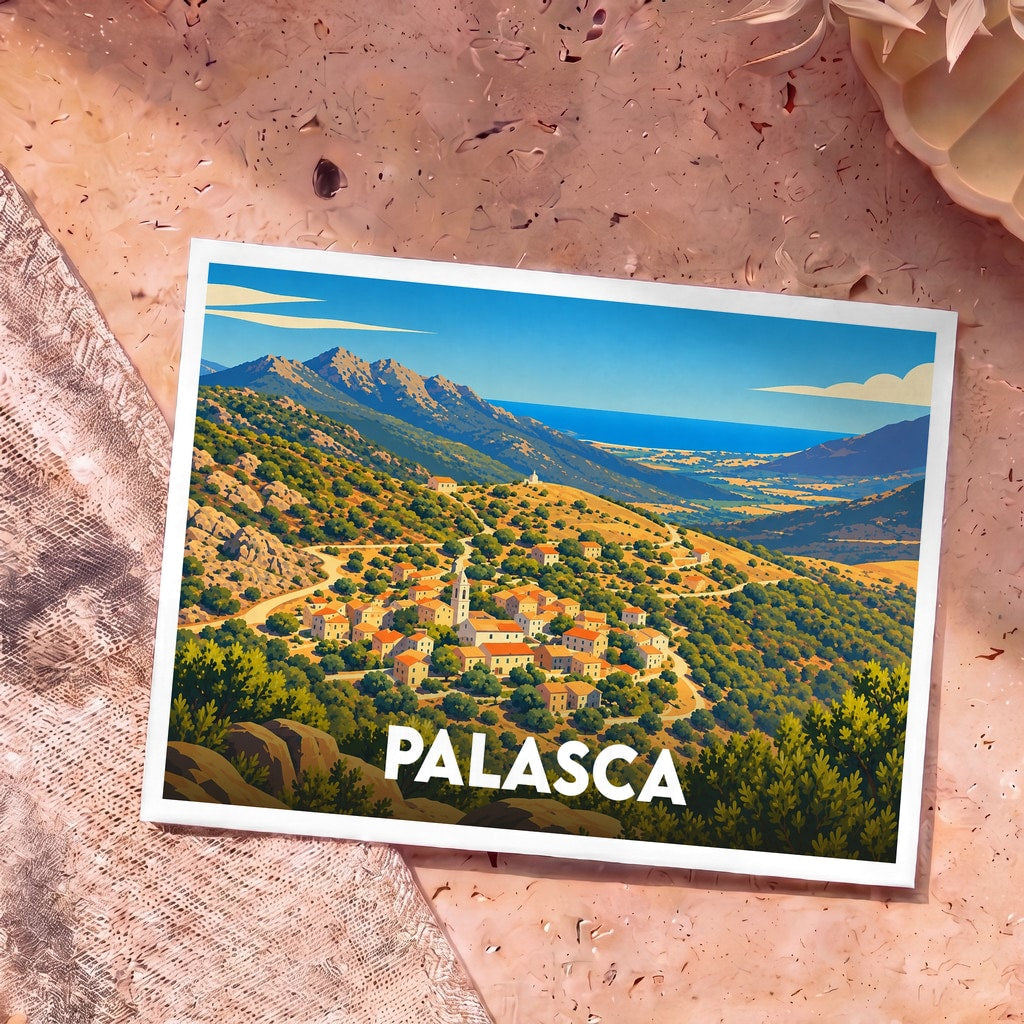 Carte postale souvenir de la ville de Palasca présentant une illustration stylisée de son paysage vallonné et de la mer.