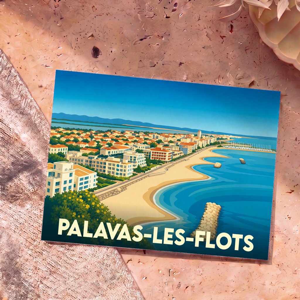 Carte postale souvenir de la ville de Palavas-les-Flots avec une illustration stylisée du bord de mer.