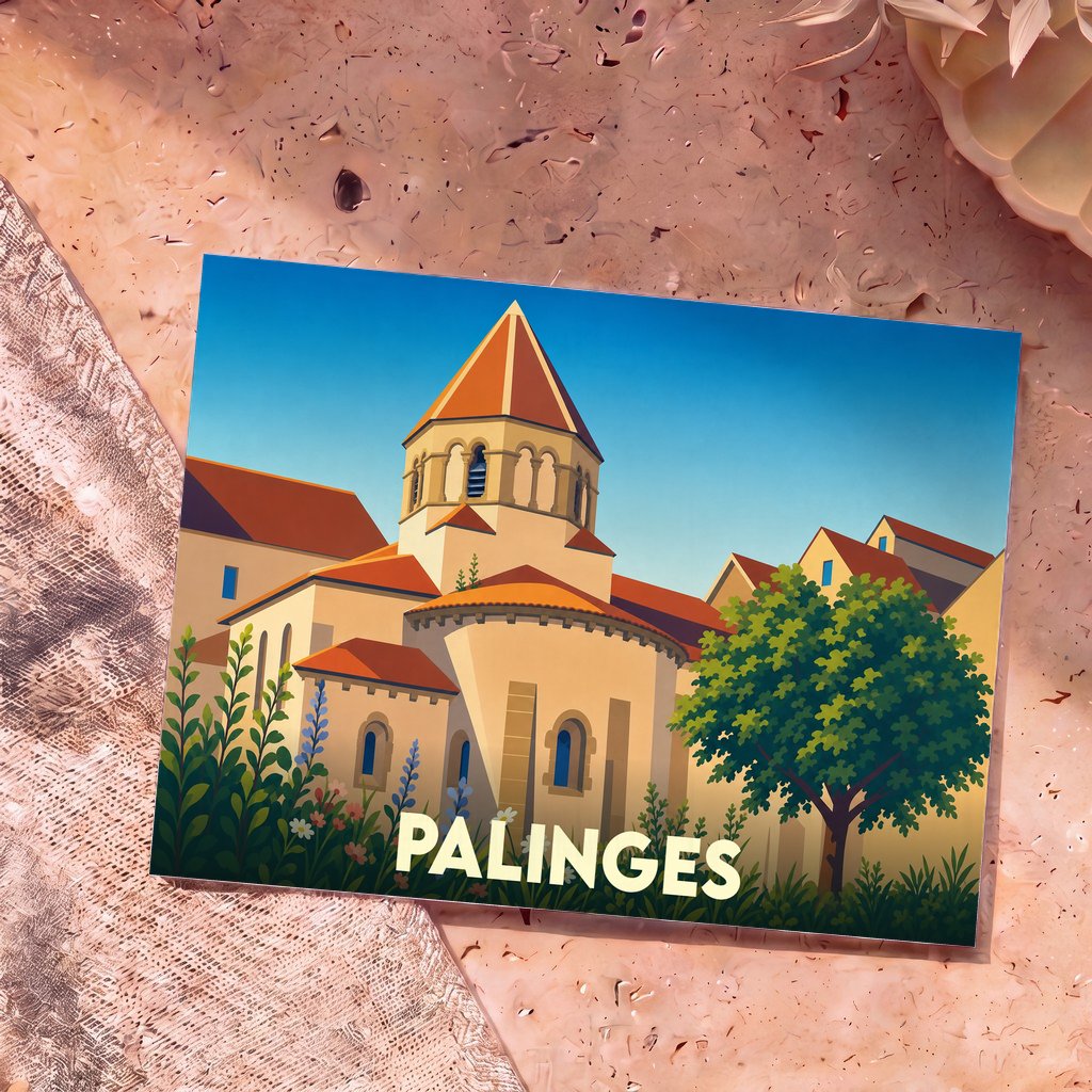 Carte postale souvenir de la ville de Palinges avec une illustration stylisée d'une église romane.