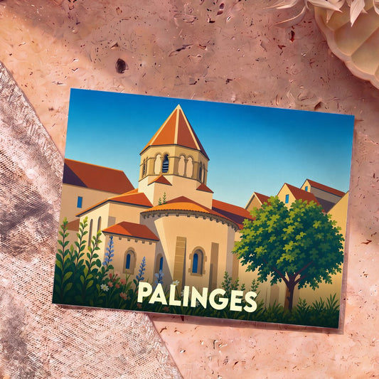 Carte postale souvenir de la ville de Palinges avec une illustration stylisée d'une église romane.