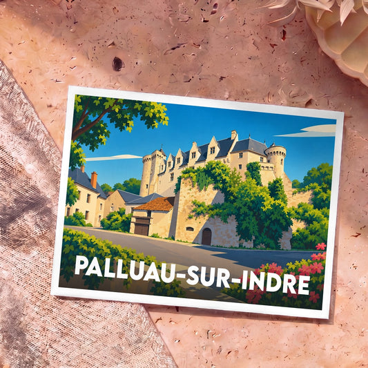 Carte postale souvenir de la ville de Palluau-sur-Indre avec une illustration stylisée de son château.