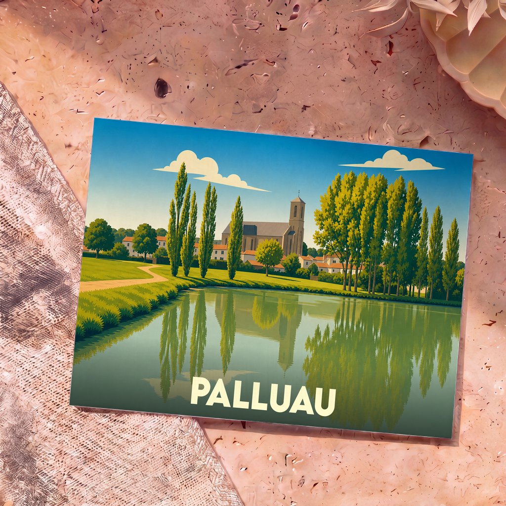 Carte postale souvenir de la ville de Palluau avec une illustration stylisée d'un étang et de son église.