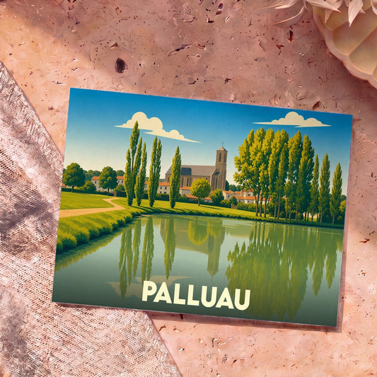 Carte postale souvenir de la ville de Palluau avec une illustration stylisée d'un étang et de son église.