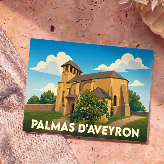 Carte postale souvenir de la commune de Palmas d'Aveyron avec une illustration stylisée de son église.