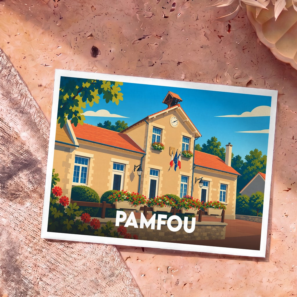 Carte postale souvenir de la ville de Pamfou illustrant la mairie avec un style graphique épuré et coloré.