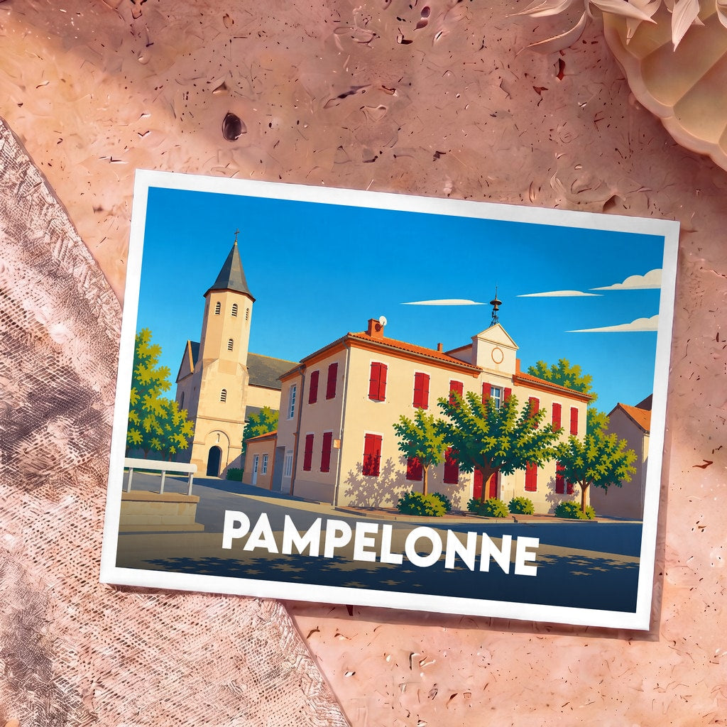 Carte postale souvenir de la ville de Pampelonne avec une illustration stylisée.