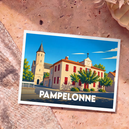 Carte postale souvenir de la ville de Pampelonne avec une illustration stylisée.