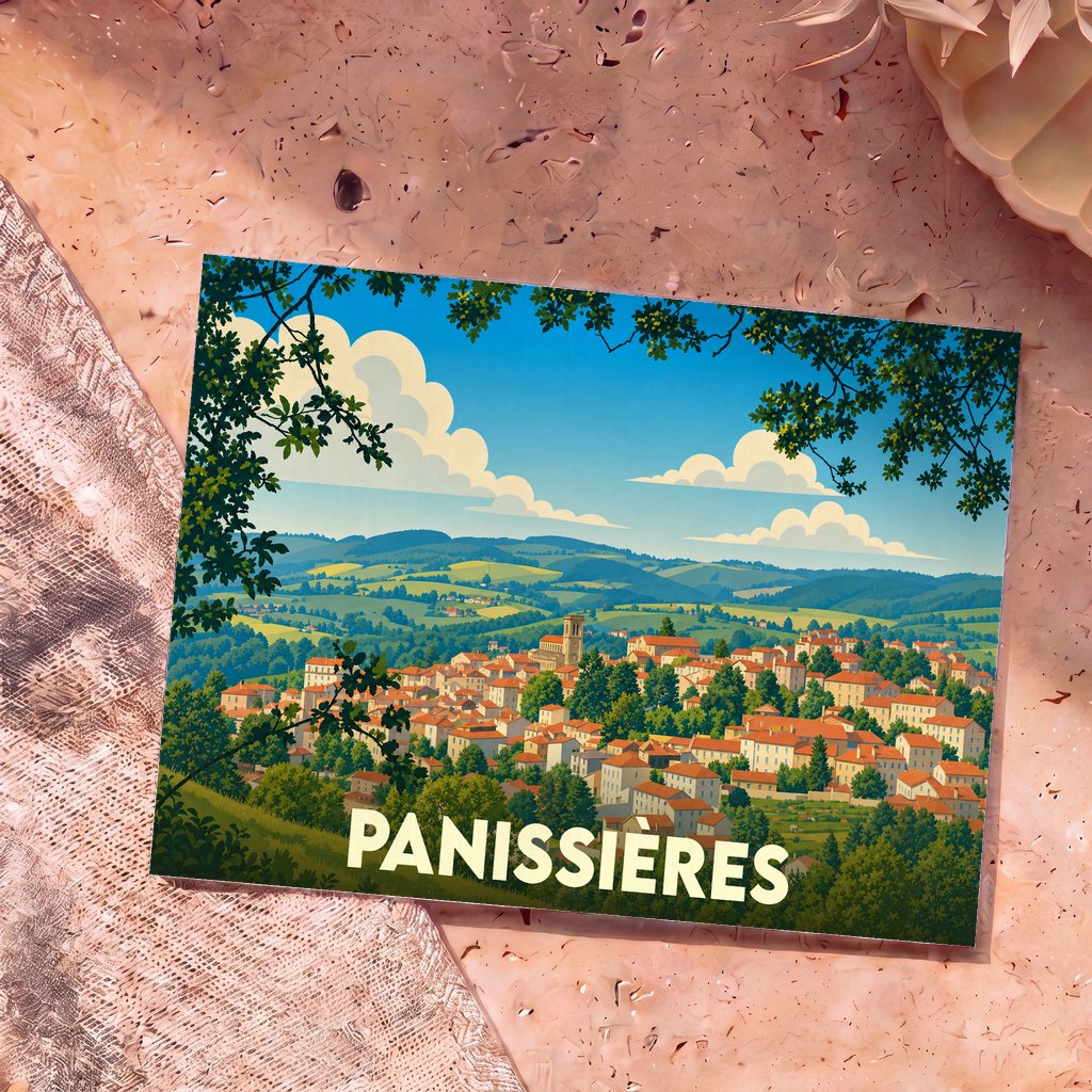 Carte postale souvenir de la ville de Panissières avec une illustration stylisée et colorée de ses paysages vallonnés.
