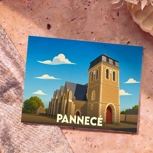 Carte postale souvenir de la ville de Pannecé avec une illustration stylisée de son église sous un ciel bleu.