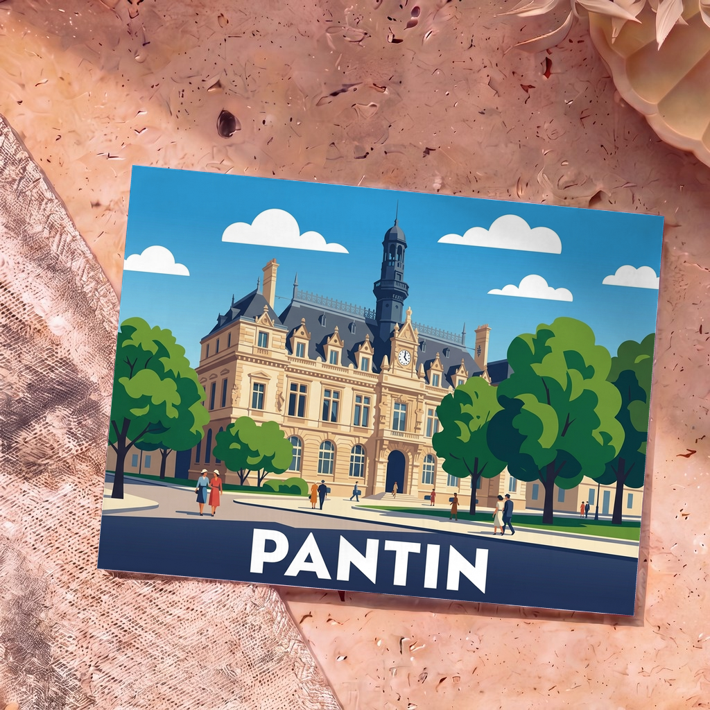 Carte postale souvenir de la ville de Pantin avec une illustration stylisée de son hôtel de ville.