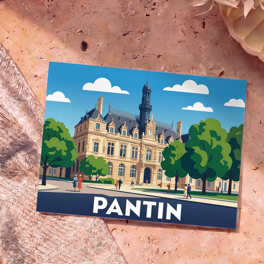 Carte postale souvenir de la ville de Pantin avec une illustration stylisée de son hôtel de ville.