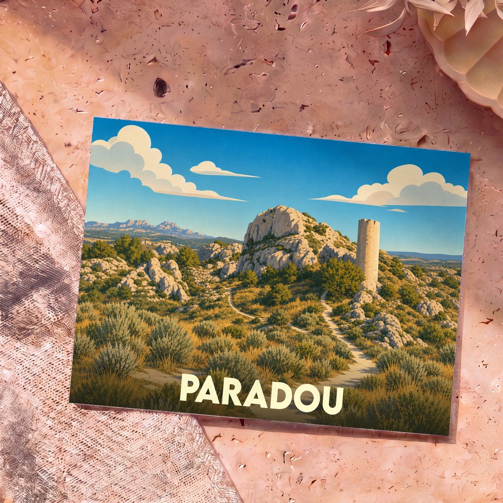 Carte postale souvenir de la ville de Paradou avec une illustration stylisée d'un paysage rocheux et d'une tour ancienne.