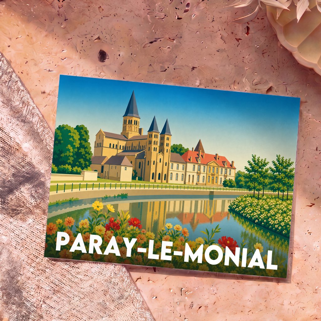 Carte postale souvenir de la ville de Paray-le-Monial avec une illustration stylisée de la basilique au bord de l'eau.