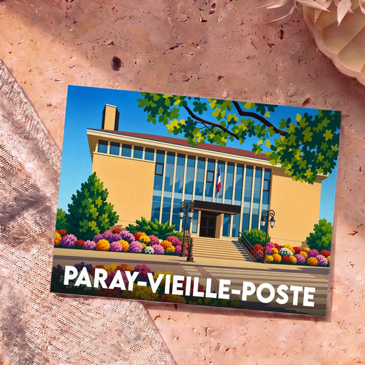 Carte postale souvenir de la ville de Paray-Vieille-Poste avec une illustration stylisée de l'hôtel de ville.