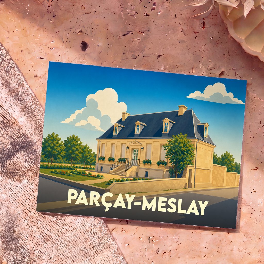 Carte postale souvenir de la ville de Parçay-Meslay avec une illustration stylisée d'une demeure traditionnelle.