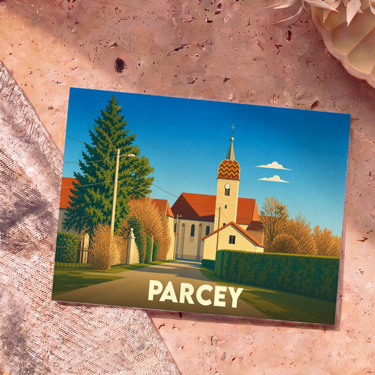 Carte postale souvenir de la ville de Parcey avec une illustration stylisée d'une église sous un ciel bleu.
