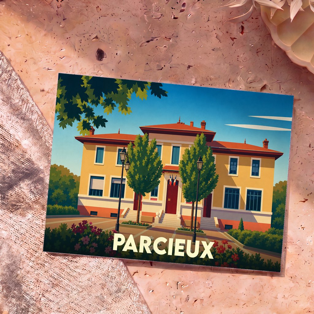 Carte postale souvenir de la ville de Parcieux avec une illustration stylisée de sa mairie.
