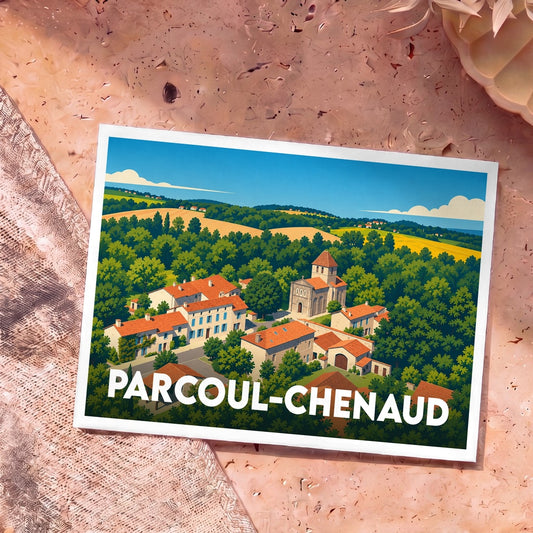 Carte postale souvenir de la ville de Parcoul-Chenaud avec une illustration stylisée de son paysage vallonné.