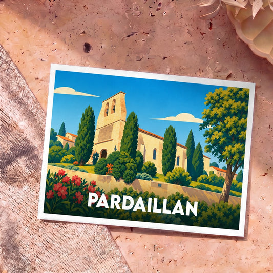 Carte postale souvenir de la ville de Pardaillan avec une illustration stylisée de son église et de son paysage.