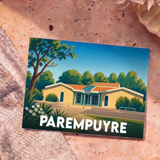 Carte postale souvenir de la ville de Parempuyre avec une illustration stylisée de sa bibliothèque municipale.