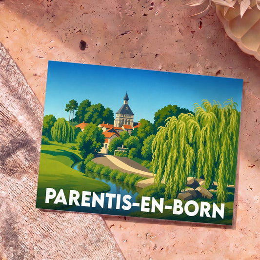 Carte postale souvenir de la ville de Parentis-en-Born avec une illustration stylisée et colorée de ses paysages.