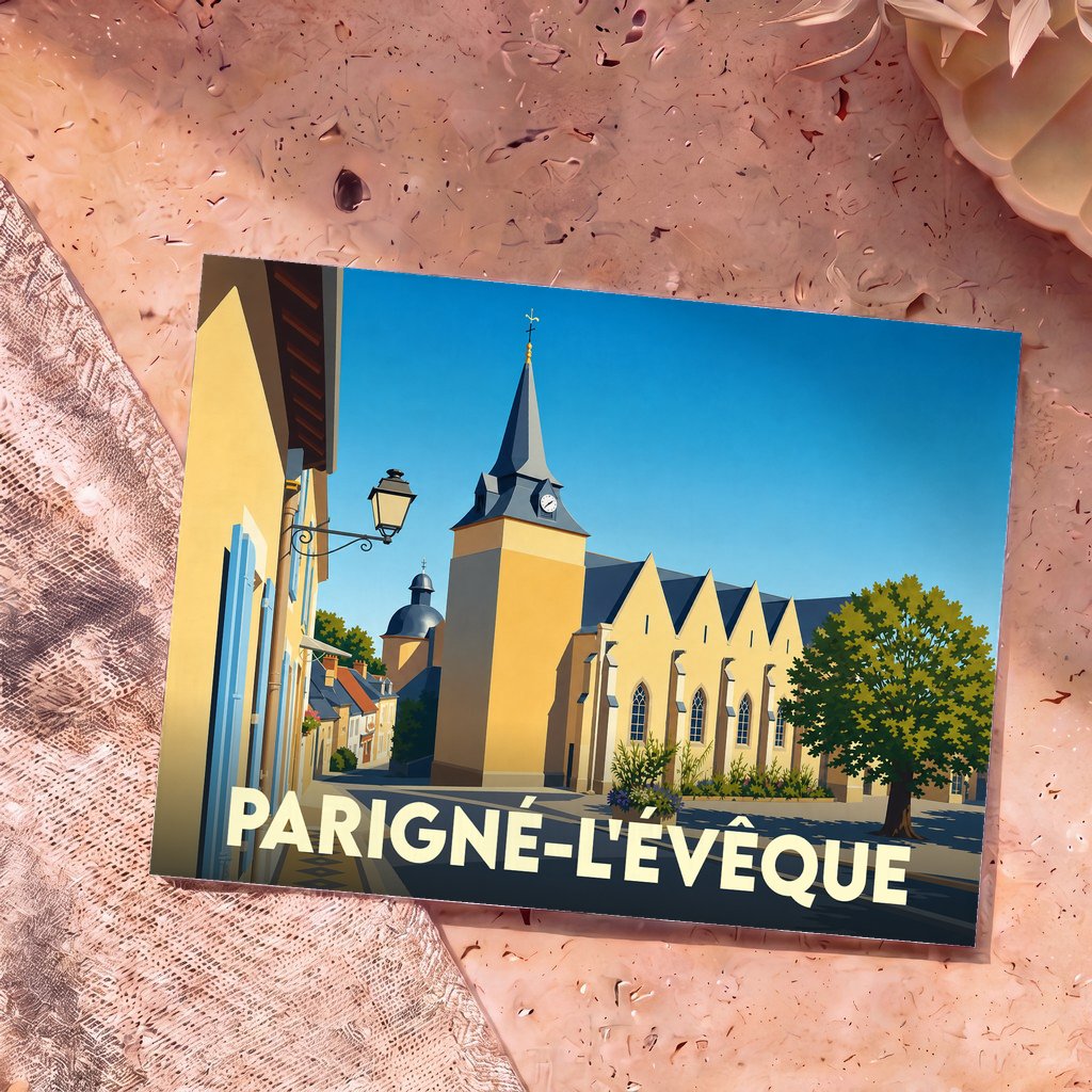 Carte postale souvenir de la ville de Parigné-l'Évêque avec une illustration stylisée de son église sous un ciel bleu.