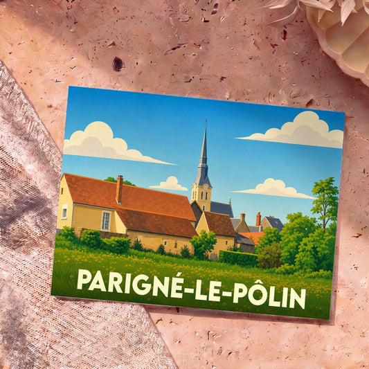 Carte postale souvenir de la ville de Parigné-le-Pôlin avec une illustration stylisée de ses bâtiments et de son église.