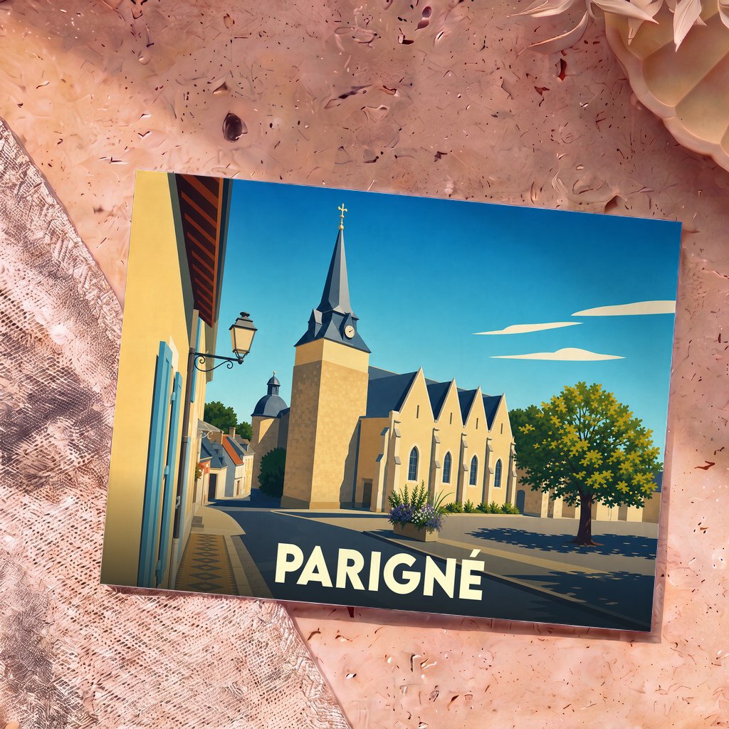 Carte postale souvenir de la ville de Parigné avec une illustration stylisée d'une église sous un ciel bleu.