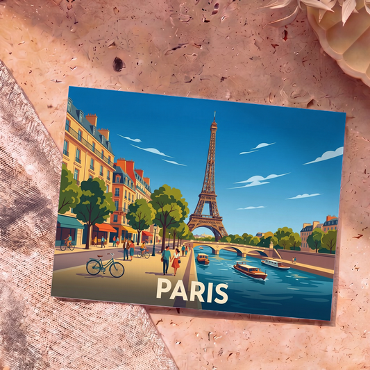 Carte postale souvenir de la ville de Paris illustrant la tour Eiffel et la Seine dans un style coloré et rétro.